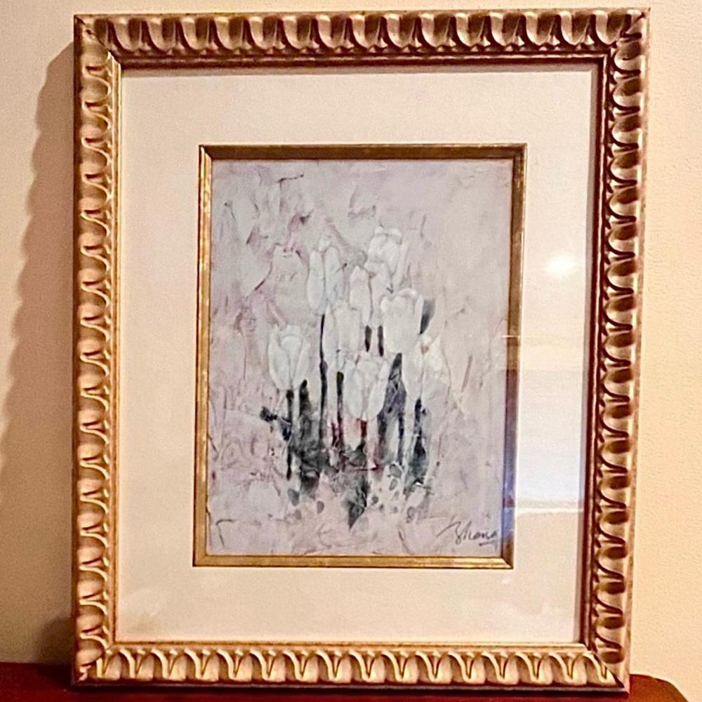 Artist B.J. Zhang- "White Tulips" Signed Framed Print BJ Zhang Size: 16"x14"